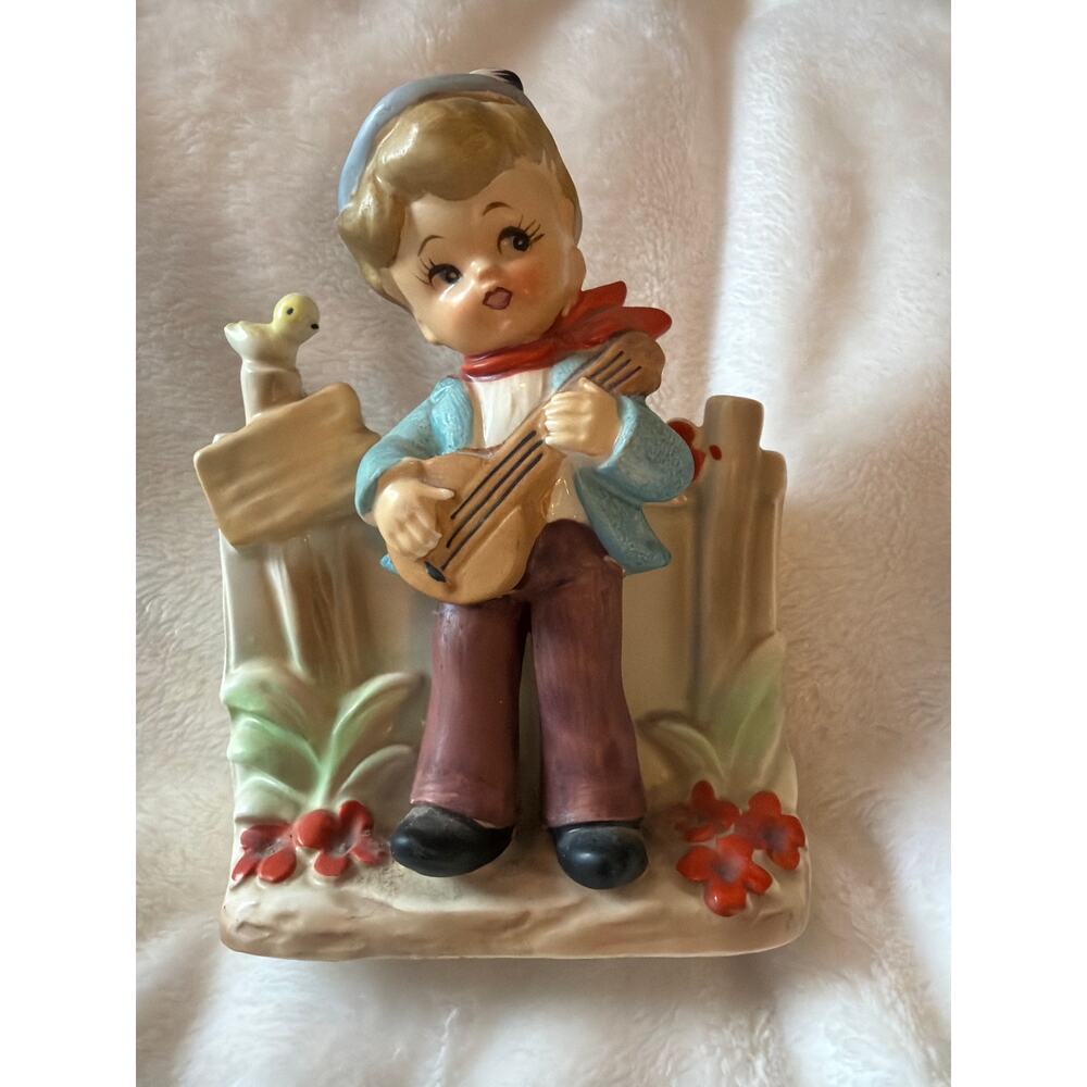 Vintage Hummel Porcelain Boy Playing Mandolin Vase Figurine Japan Bird Accent